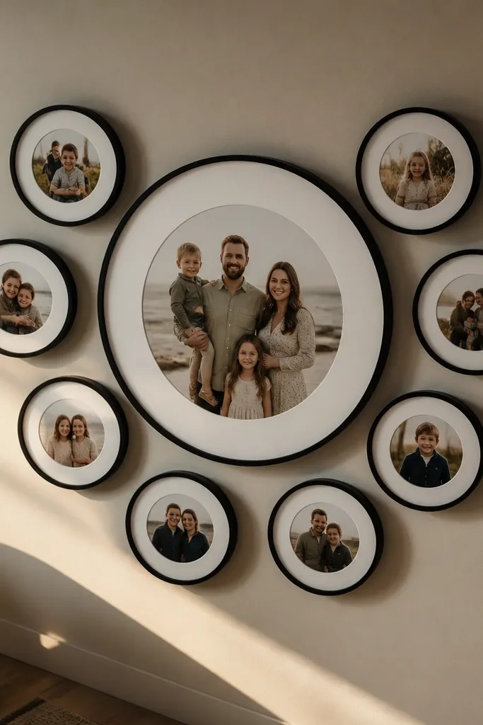 Round frames clustered around a larger central circular