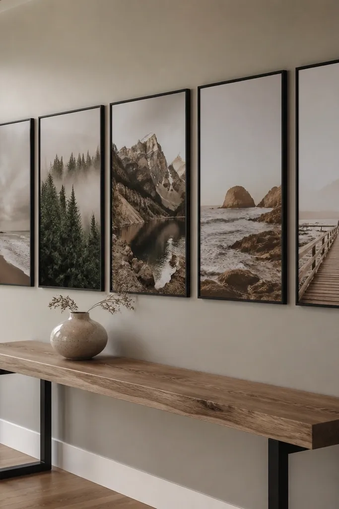 Large framed photos stacked vertically in a clean row