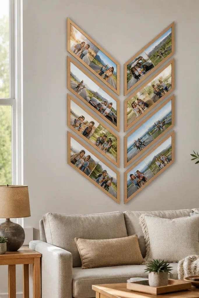 Photos arranged in a chevron pattern with consistent spacing and frame clips