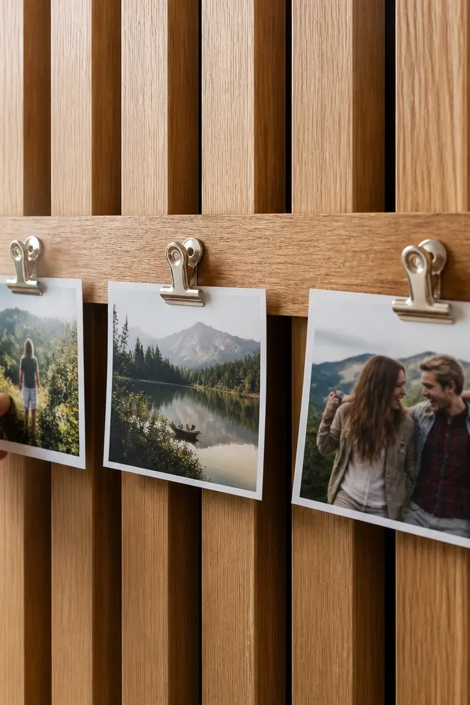 Wood slat with binder clips holding photos in a tidy grid