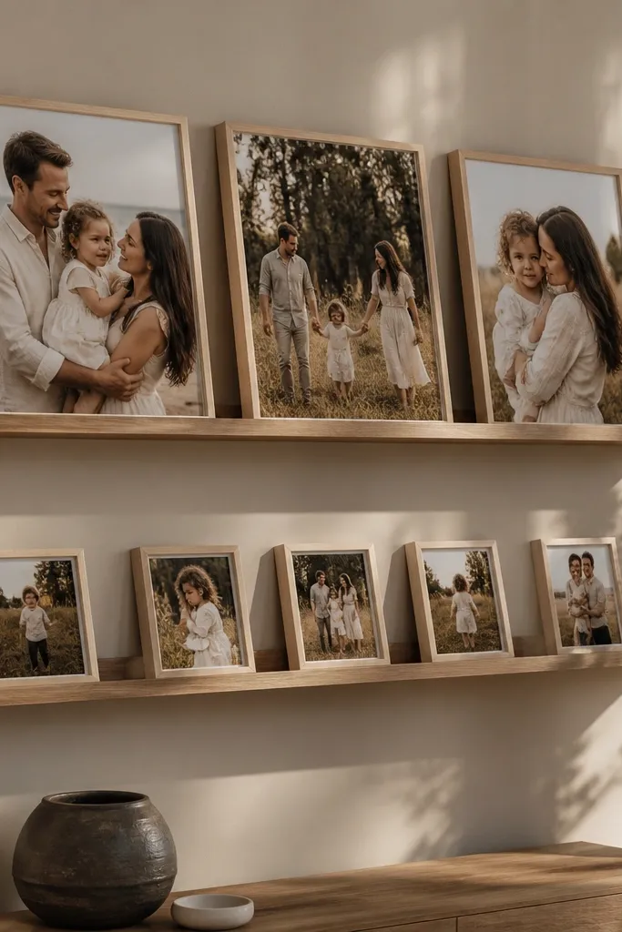 Frames arranged on two staggered levels like a leaning shelf