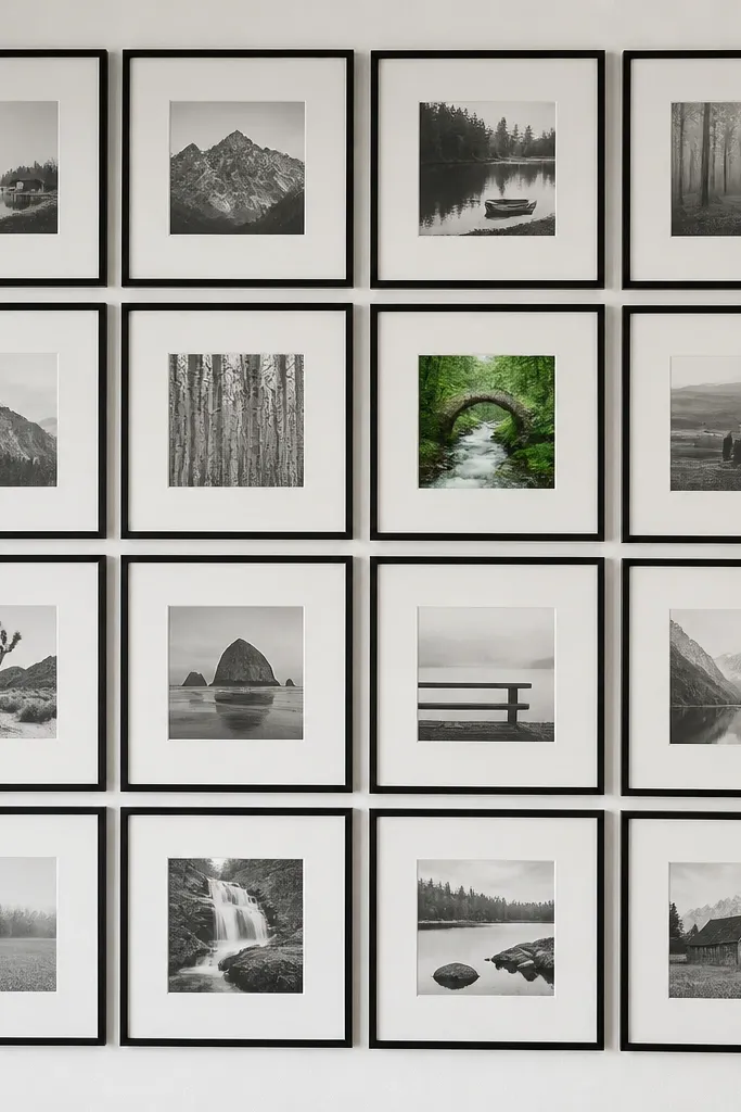 Thin frames in a grid with one bright centered