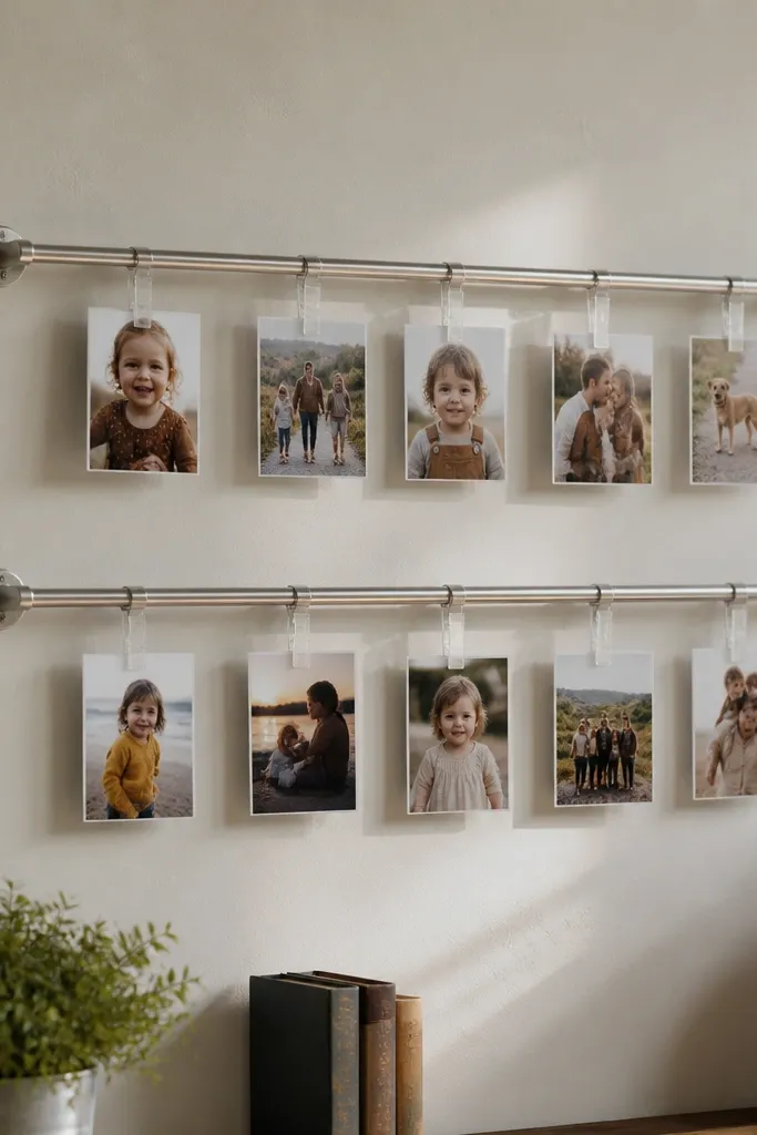 Two small rods on a wall holding photos with mini clips