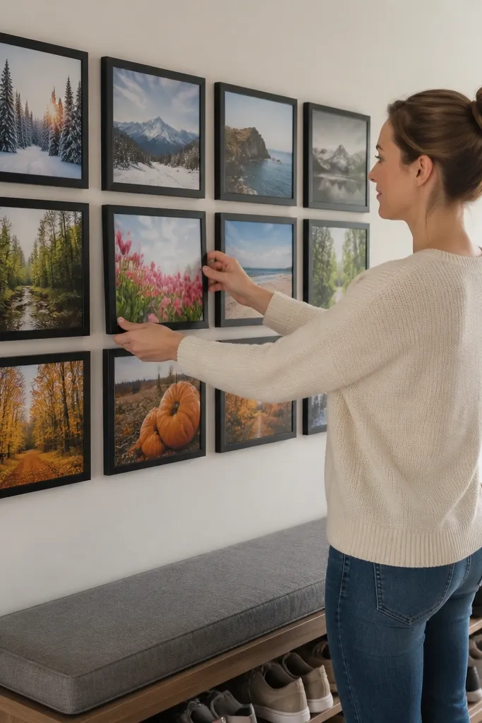Framed photos attached to a magnetic board behind the frames