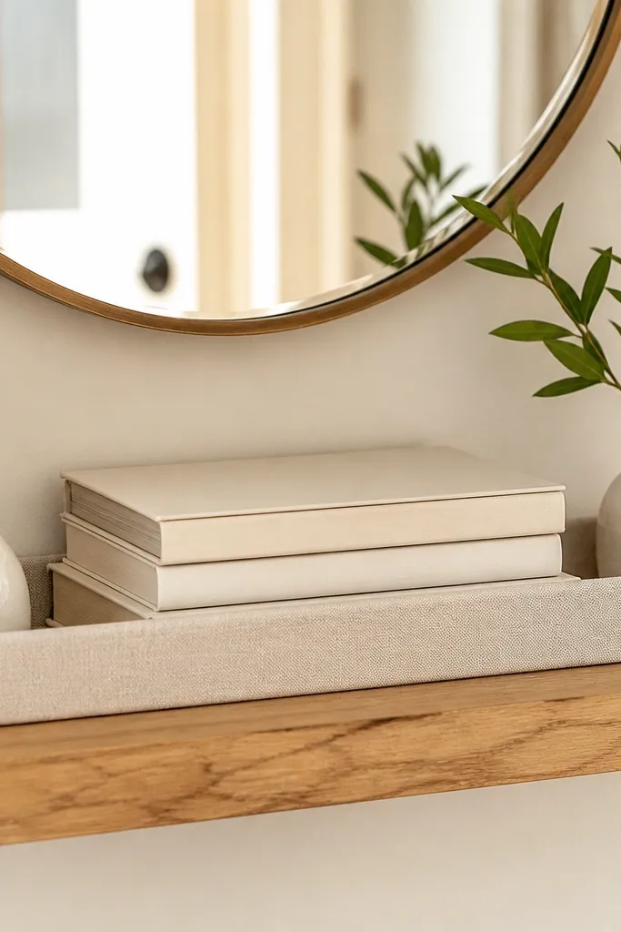 White oak floating shelf with a linen tray, stacked books, and two small ceramics