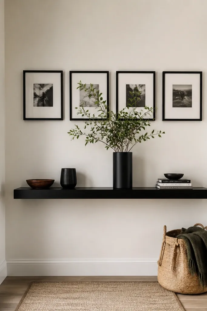 Black floating shelf holding framed prints and one tall plant in a simple pot