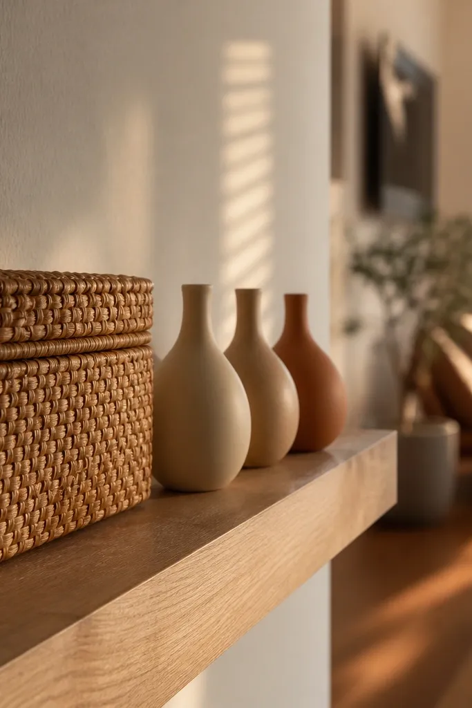 Floating shelf with a rattan basket and three ceramic bud vases in matching tones
