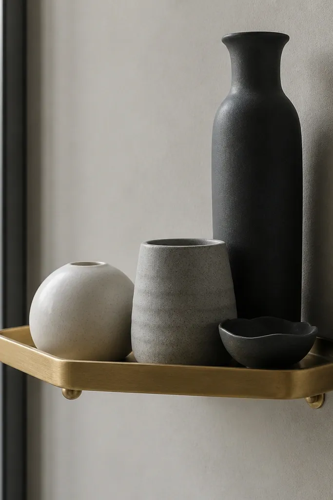 Floating shelf with monochrome ceramics arranged on a thin brass tray