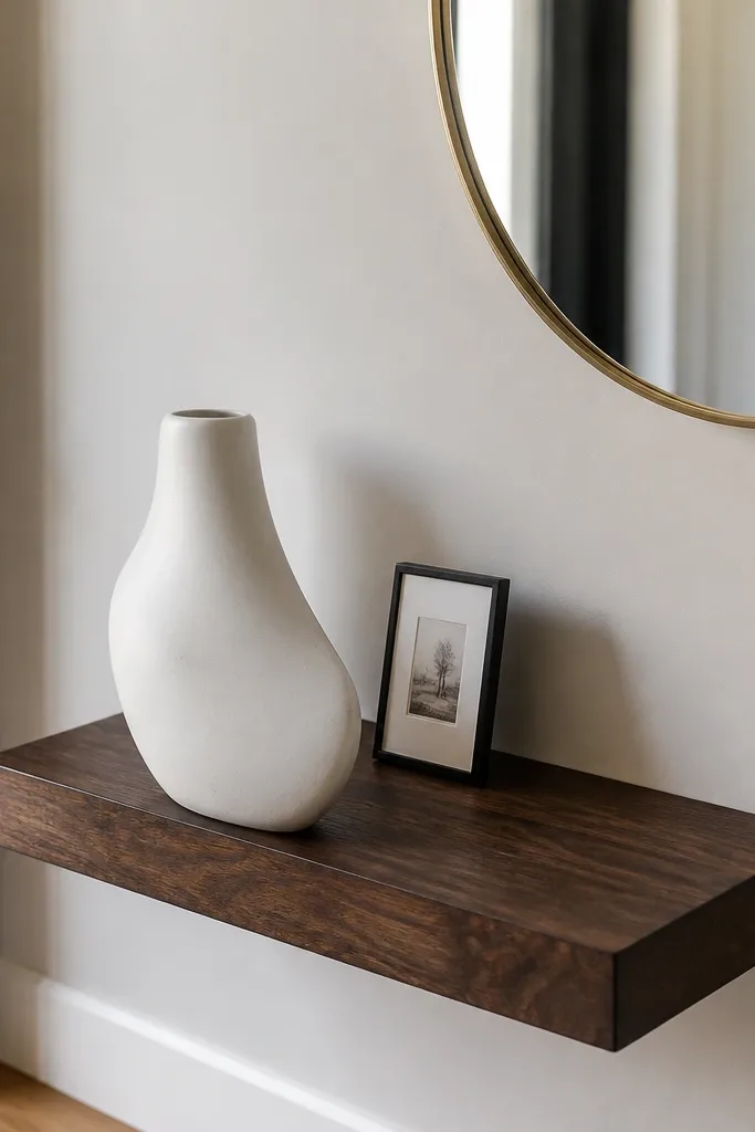 Dark walnut floating shelf with a white sculptural vase and one framed card