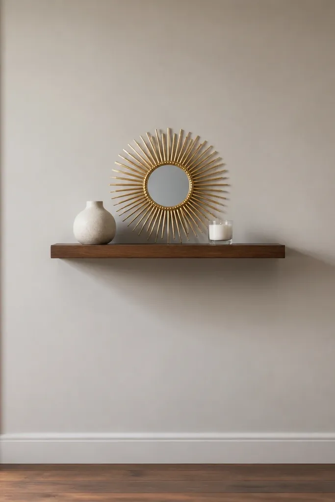 Floating shelf with a small sunburst mirror behind and two minimalist objects