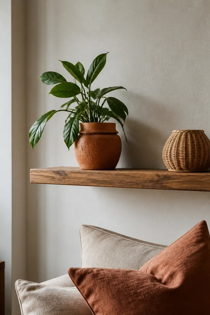 Floating shelf with an asymmetrical plant arrangement and rattan accents