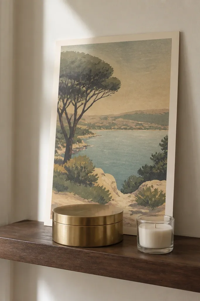 Floating shelf with a travel-style print and a brass paperweight plus one small object