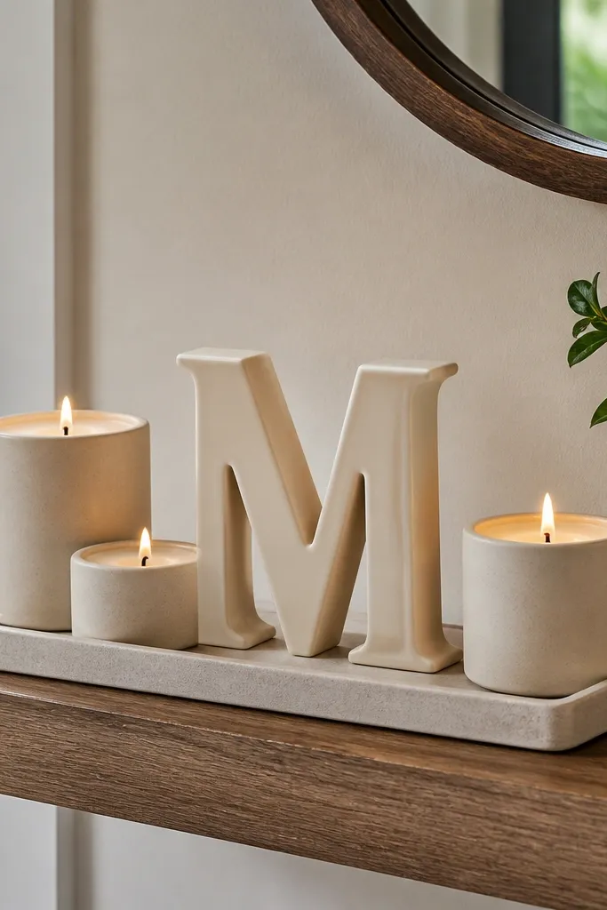 Floating shelf with a monogram letter, three candles, and a small tray