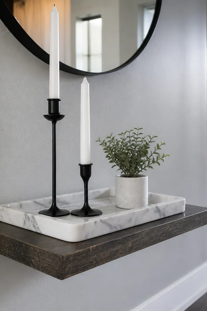 Floating shelf with a white marble tray and black candlesticks plus a small plant