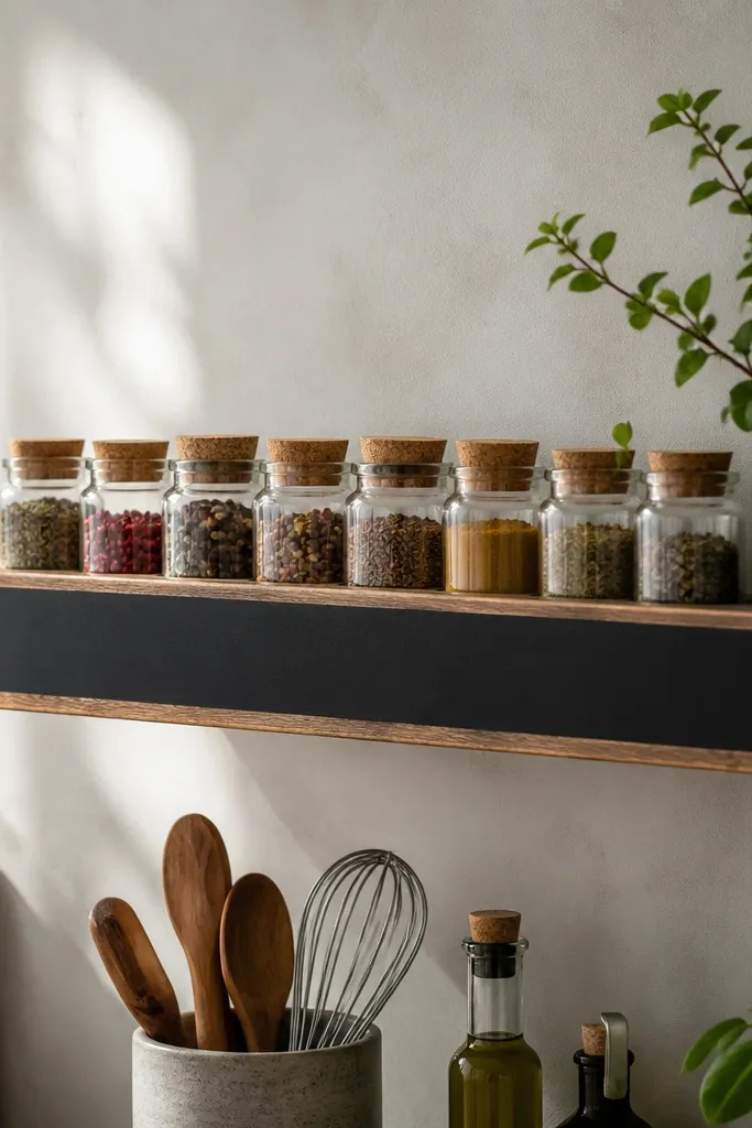 Floating shelf with small jars and a chalkboard label strip