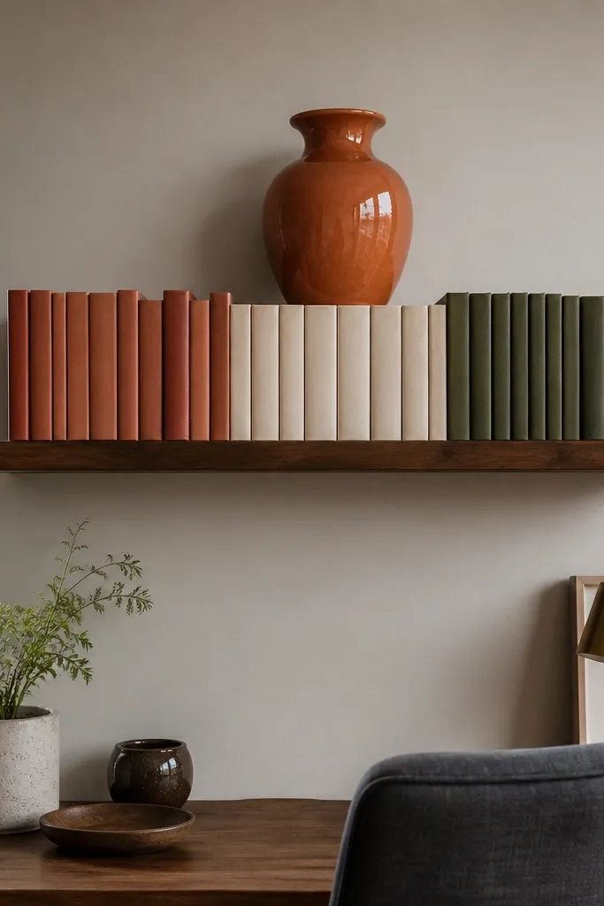 Floating shelf with coordinated book spines and one oversized decorative ornament