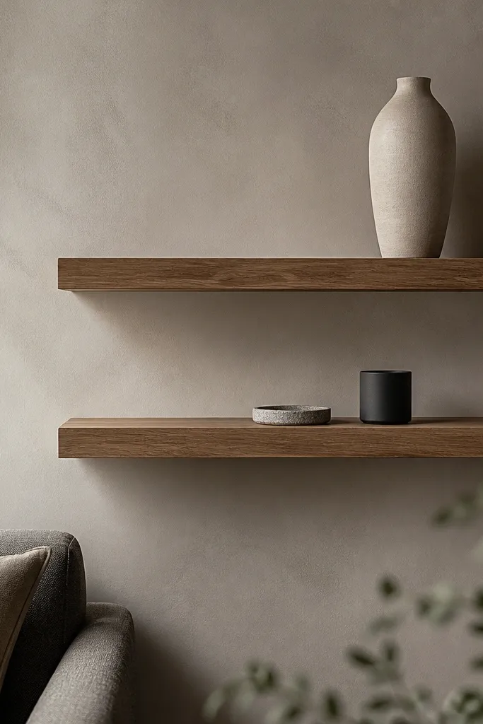 Two shelves stacked with small decor and a clean wall gap