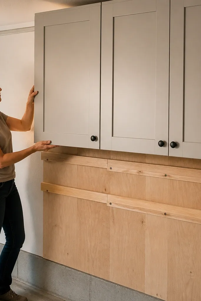 White shaker cabinets with black pulls mounted on a cleat system
