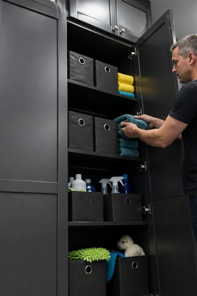 Tall white cabinet doors with black knobs and stacked shelves