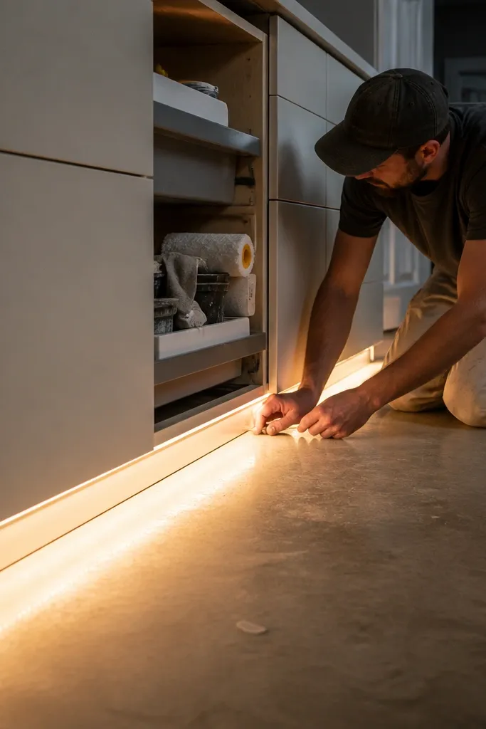 Low gray cabinets with warm LED strips under the toe-kick