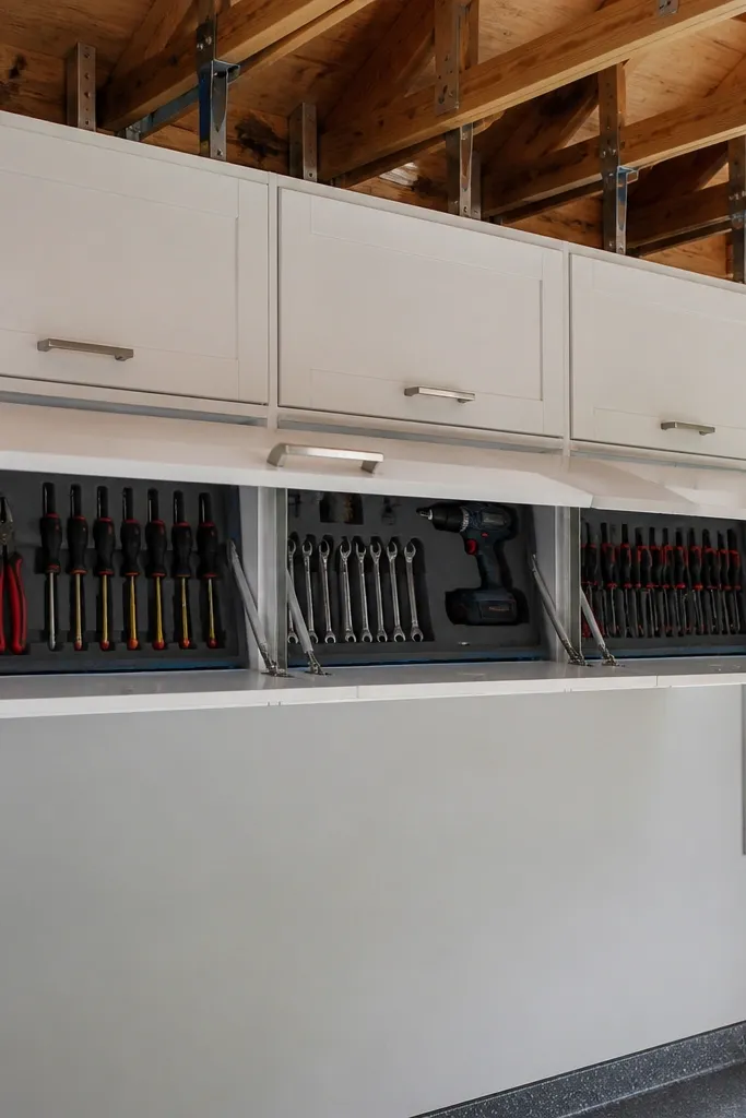 Upper cabinets with doors that open downward to reveal tools