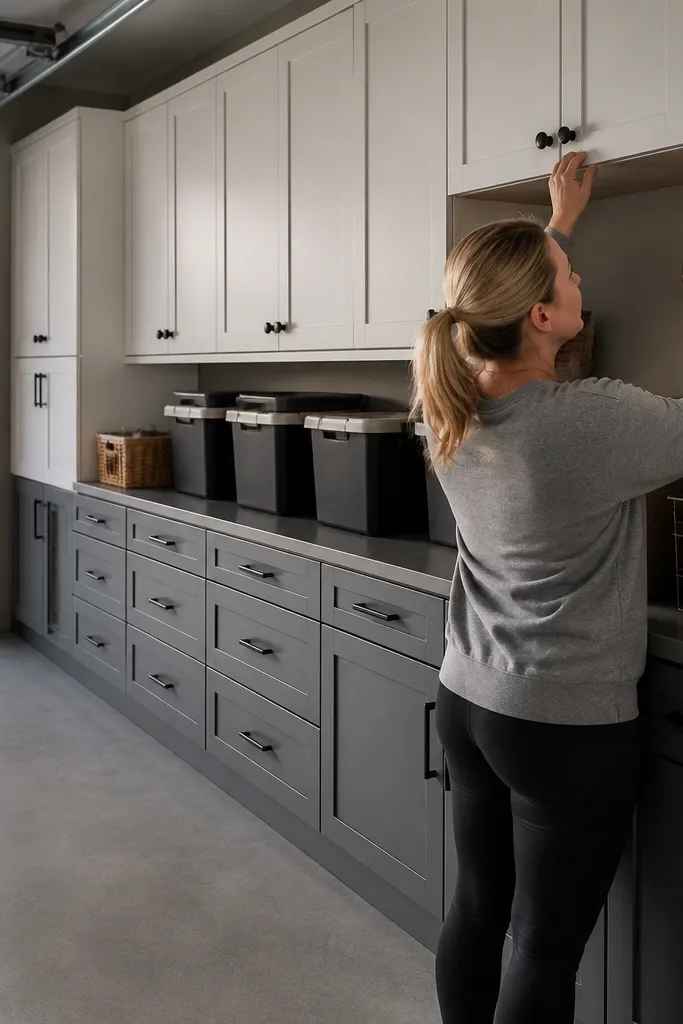 Cream and charcoal cabinets with matte black pulls