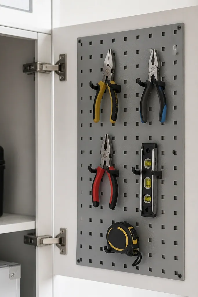 Cabinet doors with a pegboard insert holding hand tools