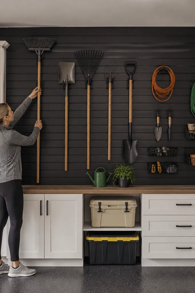 Cabinets beside a slatwall with neatly hung tools