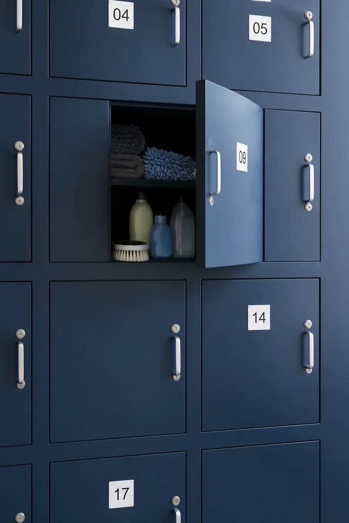 Small cabinet doors labeled with numbers and matching handles