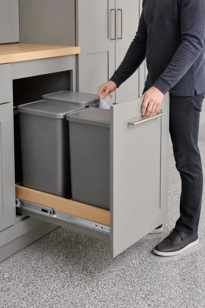 Cabinet door closed with a pull-out trash bin inside