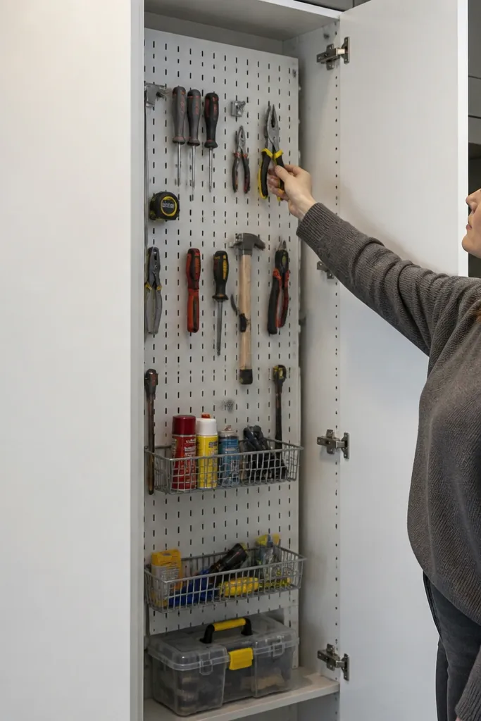 Tall cabinet with pegboard shelves and tool hooks