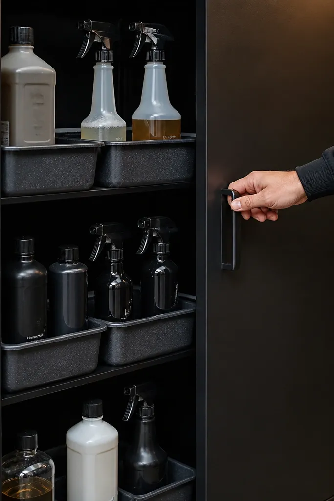 Clean cabinet storage with clear-lidded trays for car supplies