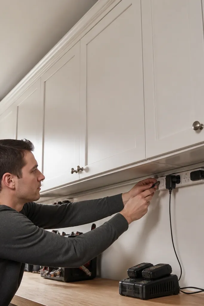 Slim upper cabinets with a simple crown and tidy cable routing
