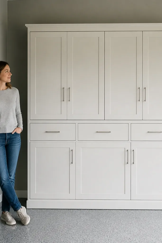 Freestanding gray cabinet with a built-in-looking face frame