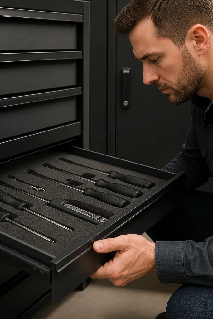 Matte cabinet drawers with black pulls and foam tool organizers inside