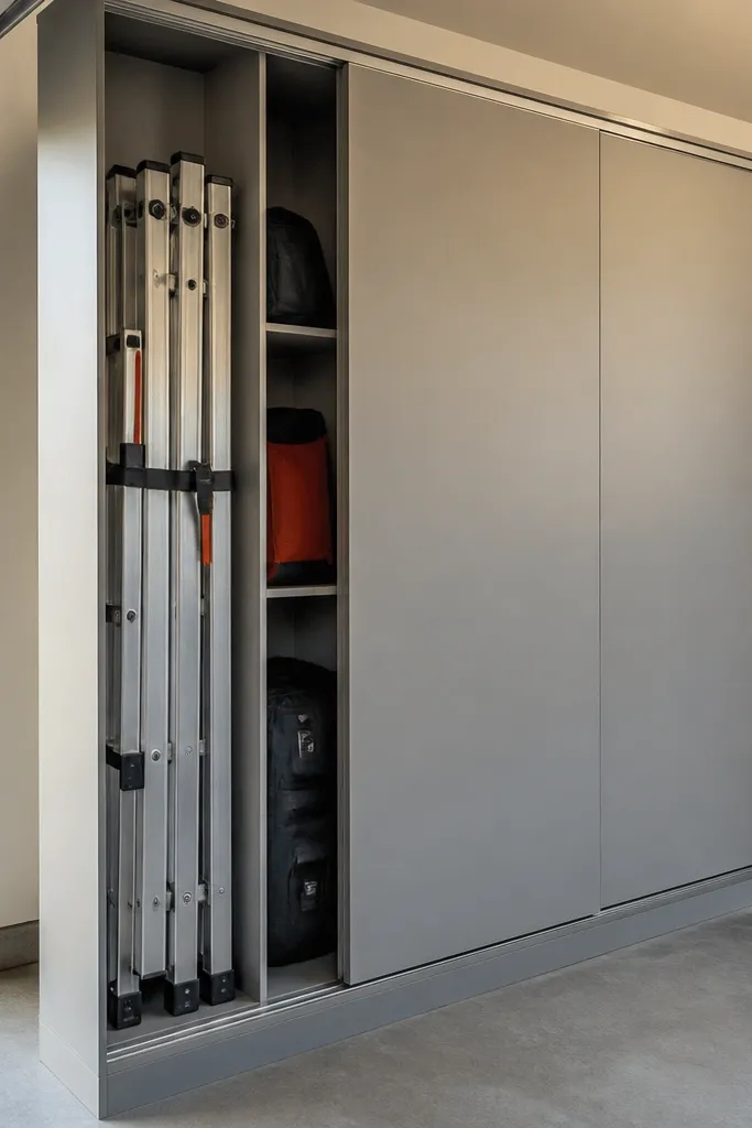 Cabinet with sliding door panels hiding large garage gear