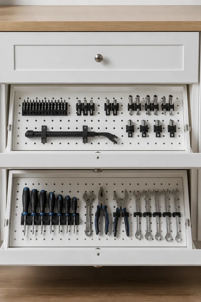 Cabinet drawers with pegboard inserts and hooks for small tools