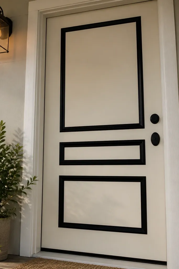 Matte black peel-and-stick trim forming a rectangular frame around a front door