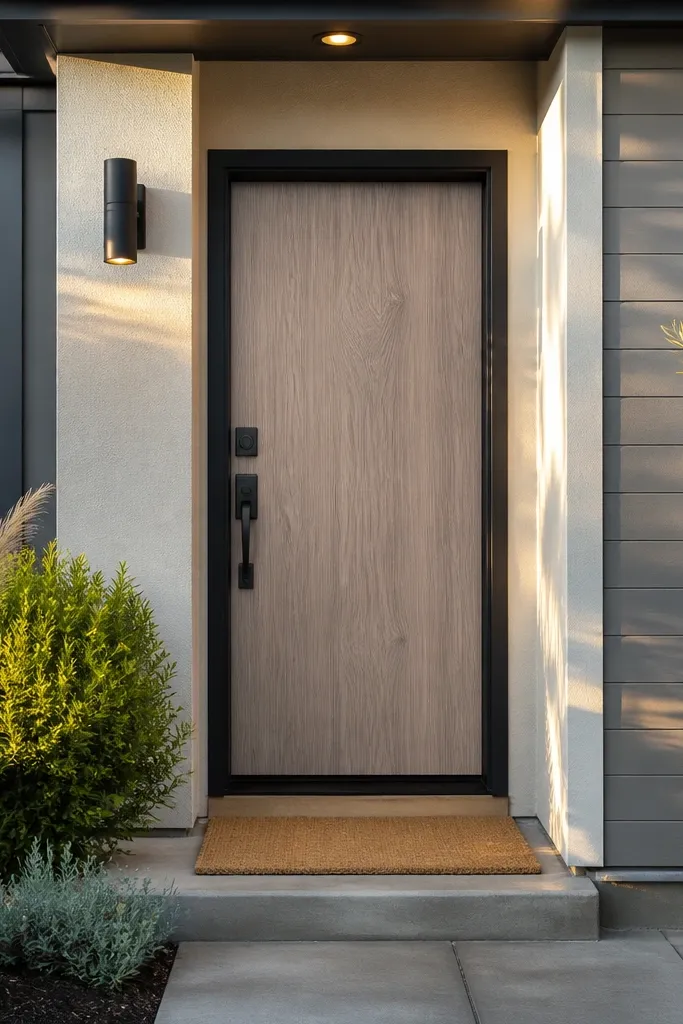 Warm greige woodgrain wrap covering a front door with a clean edge around the knob