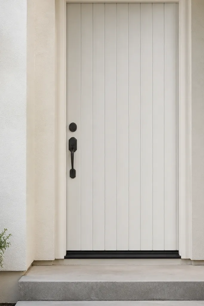 Soft white adhesive shiplap stripes laid vertically on a front door