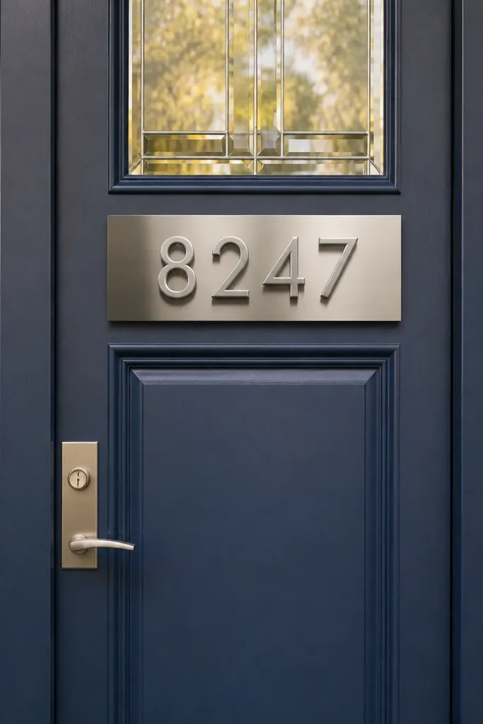 Large black house numbers on a removable plate mounted on a front door
