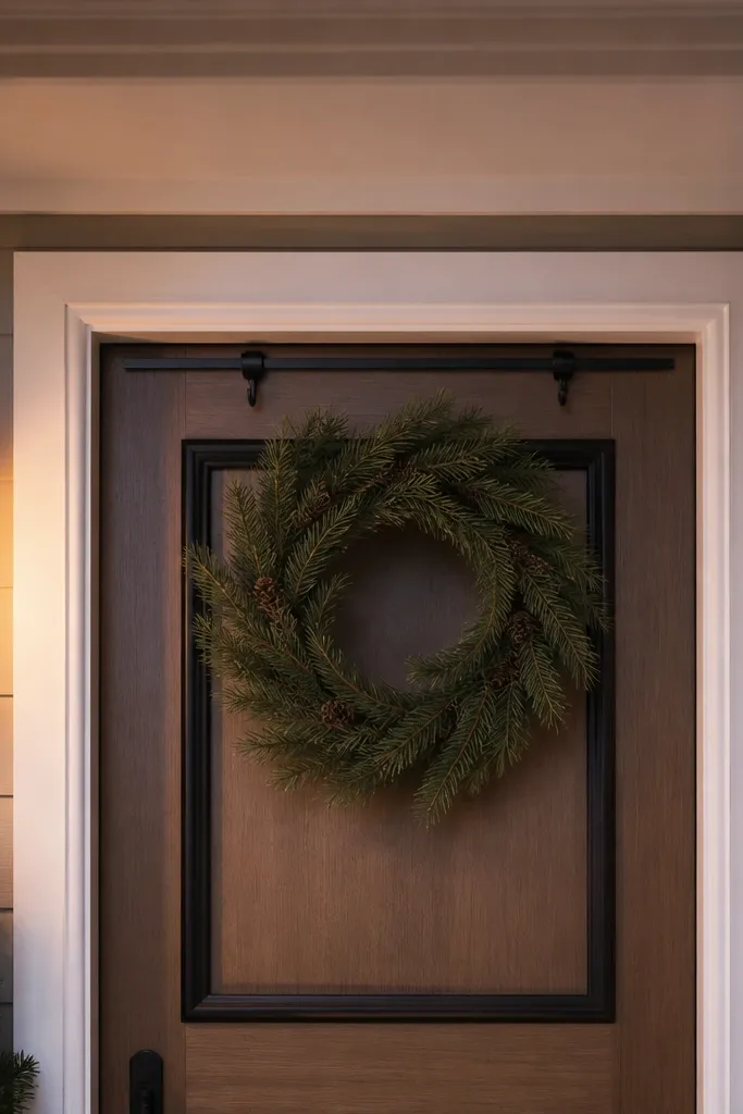 Fresh greenery wreath hanging from a removable hook rail on a front door