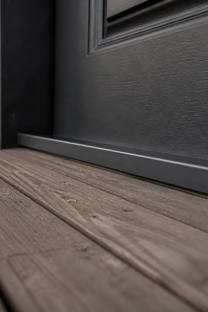 Freshly painted threshold edge with a new door sweep and matching front door mat
