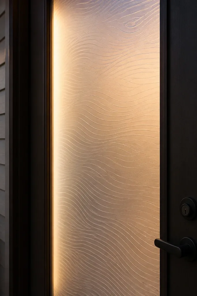 Frosted pattern glass film on a door window with a clear border