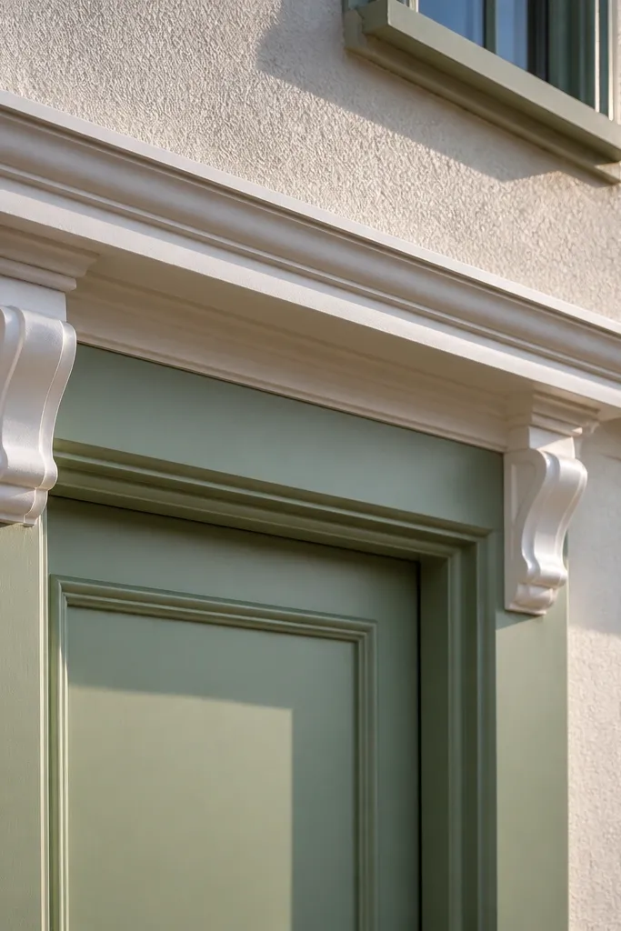 Two white faux corbels placed at the top corners above a front door glass panel