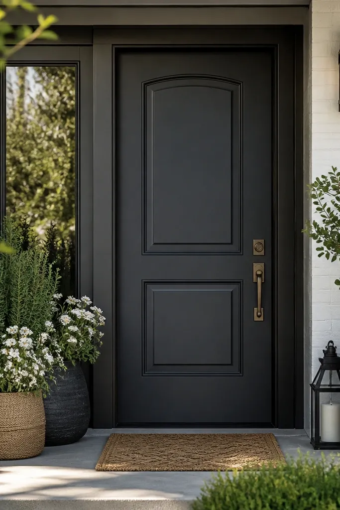 Matte painted look on a front door with clean edges around hardware