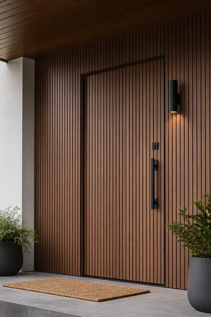 Vertical faux wood slats covering a front door in warm brown tones
