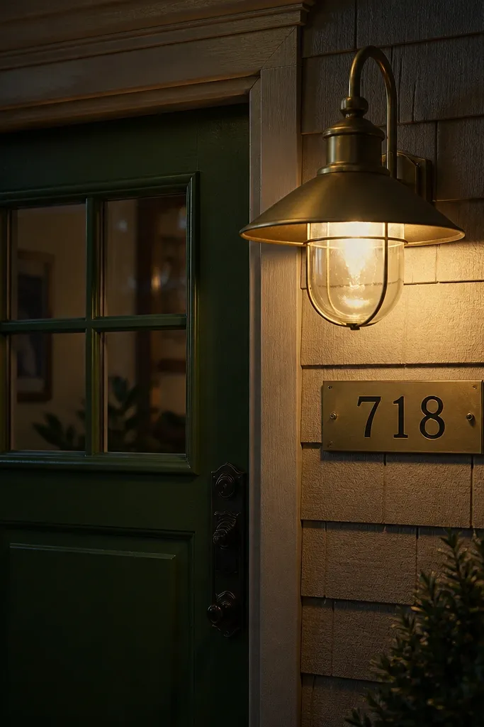Warm brass-toned light shade casting glow over a front door