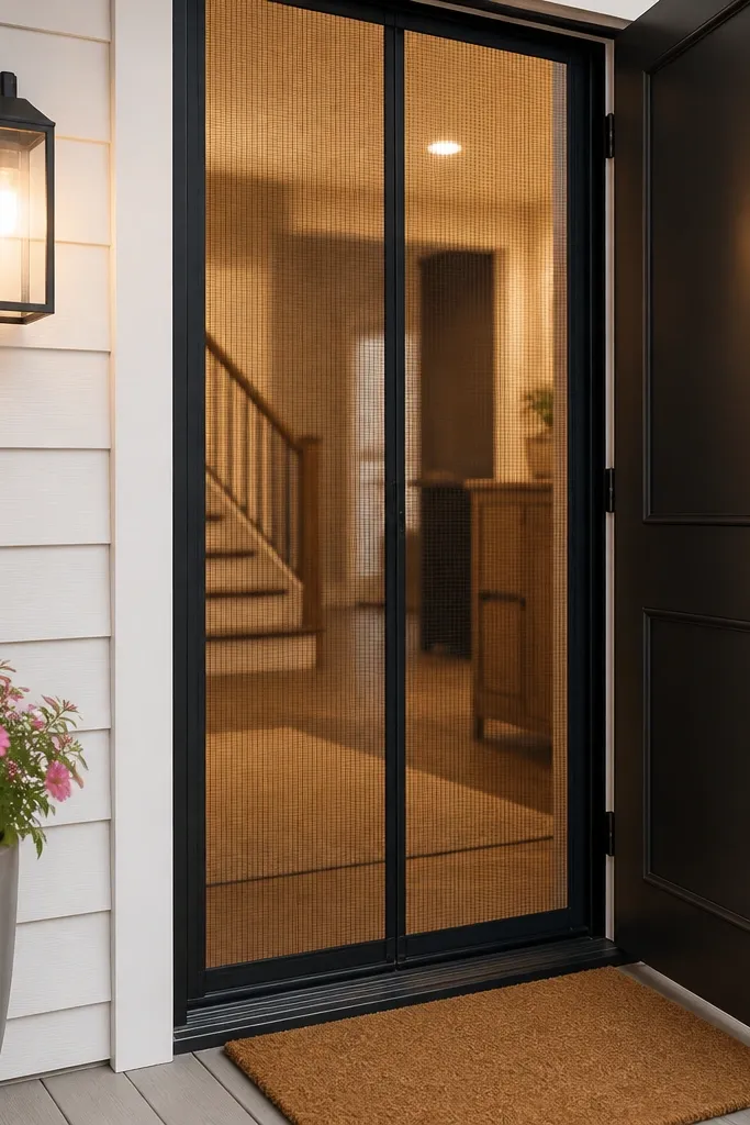 Magnetic screen panel with matching trim lines around a front door opening