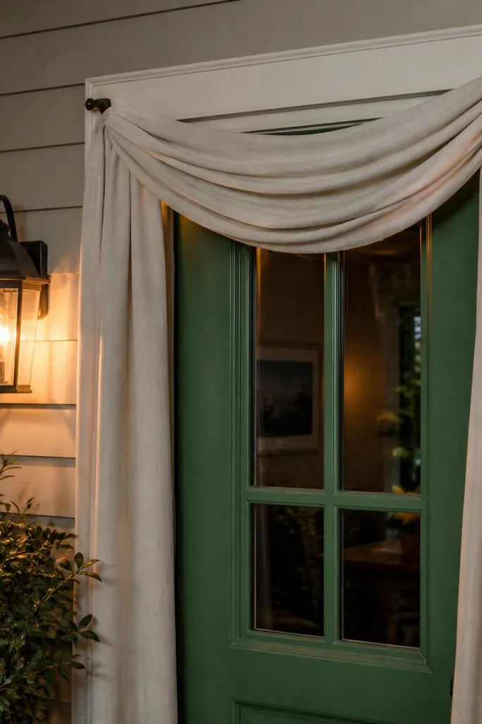 Soft fabric swag draped above a front door with a clean rod and matching ribbon